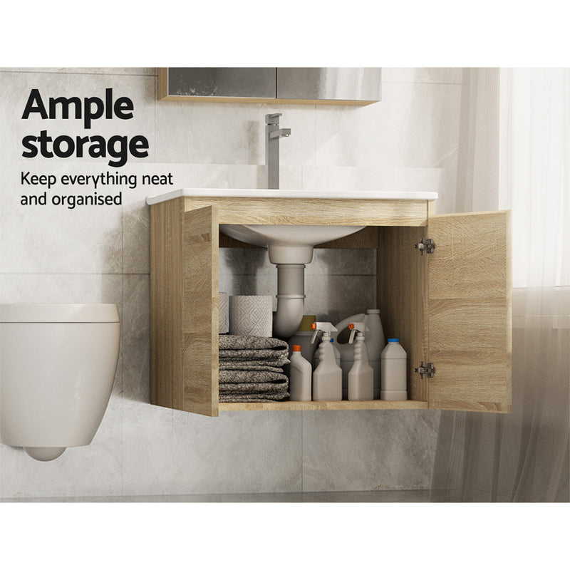 Cefito Vanity Unit Basin Cabinet Storage Bathroom Wall Mounted Ceramic 600mm Oak - Cefito