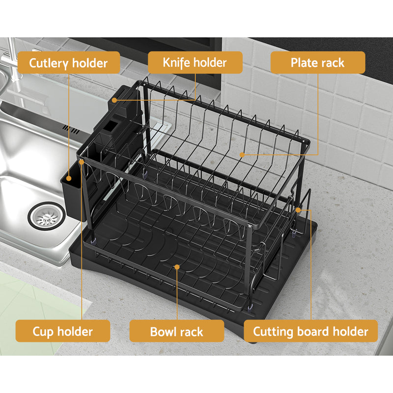 Cefito Dish Rack Expandable Drying Drainer Cutlery Holder Tray Kitchen 2 Tiers - Cefito