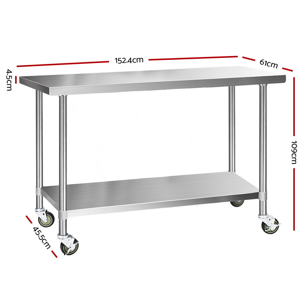 Cefito Stainless-steel Kitchen Prep Bench With Castor Wheels 152.4cm X 61cm